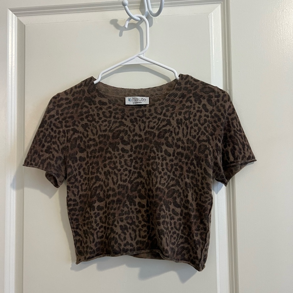 brown leopard print knit crop top